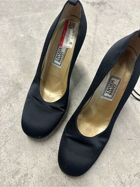 Versace Black Satin Round-Toe Heels with Gold Insole